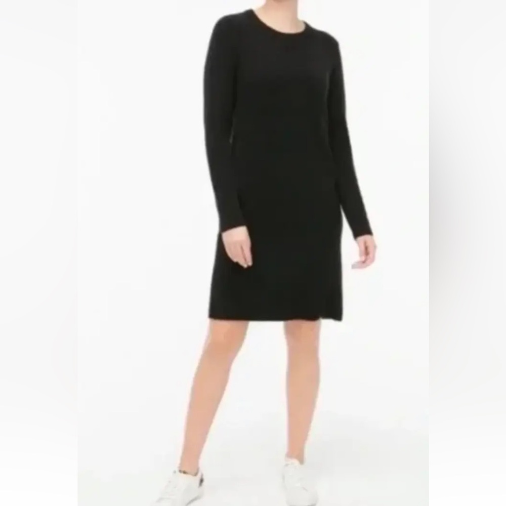 J Crew Sweater Dress Black Wool Blend Crew Neck Knee Length Sz M